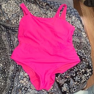 bright pink low back one piece swimsuit